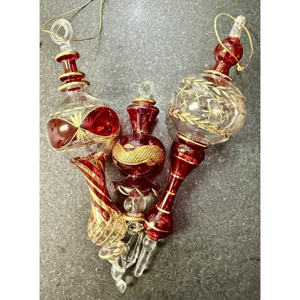 3 Large Egyptian Hand Blown Red Glass Christmas Ornaments Gold Accents VTG Mint